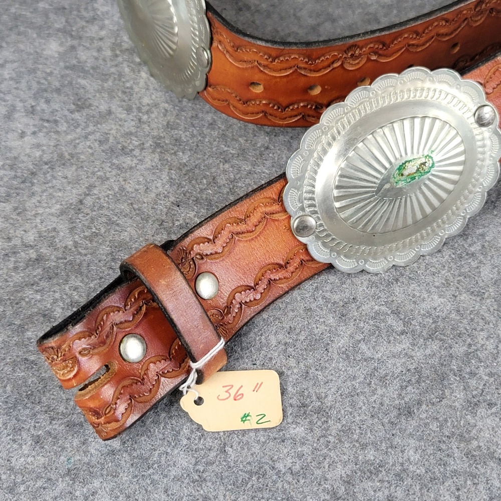 Vintage Western Tooled Leather Concho Belt Brown Silver Tone Southwestern 36 NOS - Picture 2 of 10